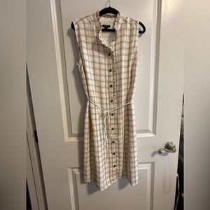 Ann Taylor Cream and Brown Checkered Midi Dress
